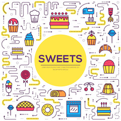 Cake stand in shop outline illustration. sweet for party background. Food icon set on happy birthday or wedding. Vector collection object