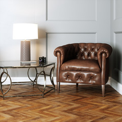 Leather vintage furniture in classic interior with wooden parquet floor 3d render