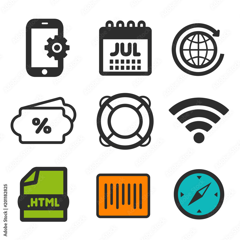 Poster lifebuoy icon. compass symbol. html document and barcode icons. smartphone settings sign. rss feed i