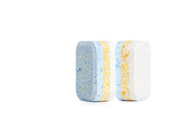 Dishwasher tablets on a white background