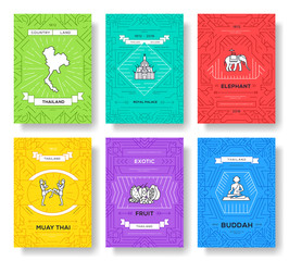 thailand thin line brochure cards set. Country template of flyear, magazines, posters, book cover, banners. Vector outline invitation concept background. Layout architecture modern pages
