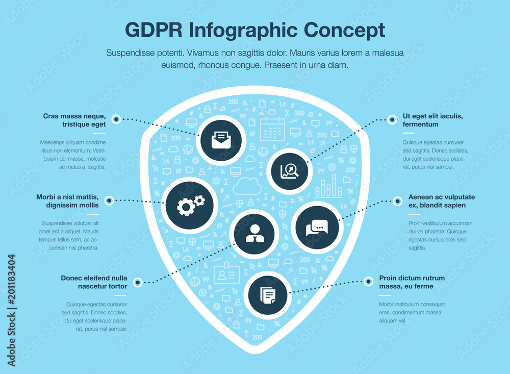 Leinwandbilder european gdpr infographic concept with shield symbol filled with small icons isolated on blue backgr