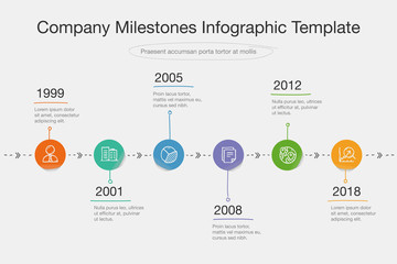 Vector infographic for company milestones timeline template in doodle style with colorful stickers and icons isolated on light background. Easy to use for your website or presentation.