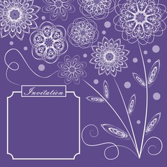 Ultraviolet background with monoline white floral lace patterns in vintage style, square design with text frame for invitation, trendy purple color combined with white, elegant template