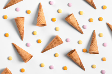 Ice crean cones and candy lay flat image wallpaper