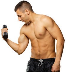 Topless young man bodybuilder posing isolated on white background