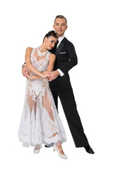 Sensual woman and man dance. Bride in white dress and groom in tuxedo. Couple of ballroom dancers in love. Valentines day celebration. Wedding or proposal and date concept