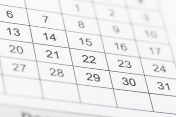 Closeup of dates on calendar page