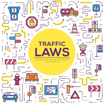 Traffic light day and highway code outline icons set. Vector thin line Urban sign road transportation illustration equipment 