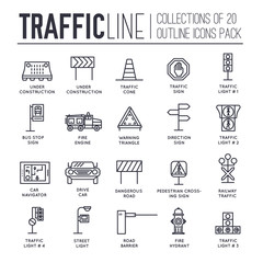 Traffic light day and highway code outline icons set. Vector thin line Urban sign road transportation illustration equipment 