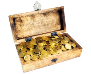 Wooden box or treasure chest with shiny euro cent coins