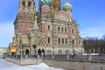 Fototapeta na wymiar Church of Our Savior on Spilled Blood (Church of the Resurrection of Jesus Christ) in Saint Petersburg, Russia. Religious Cultural City Landmark Close Up Image on Sunny Day with Empty Copy Space.