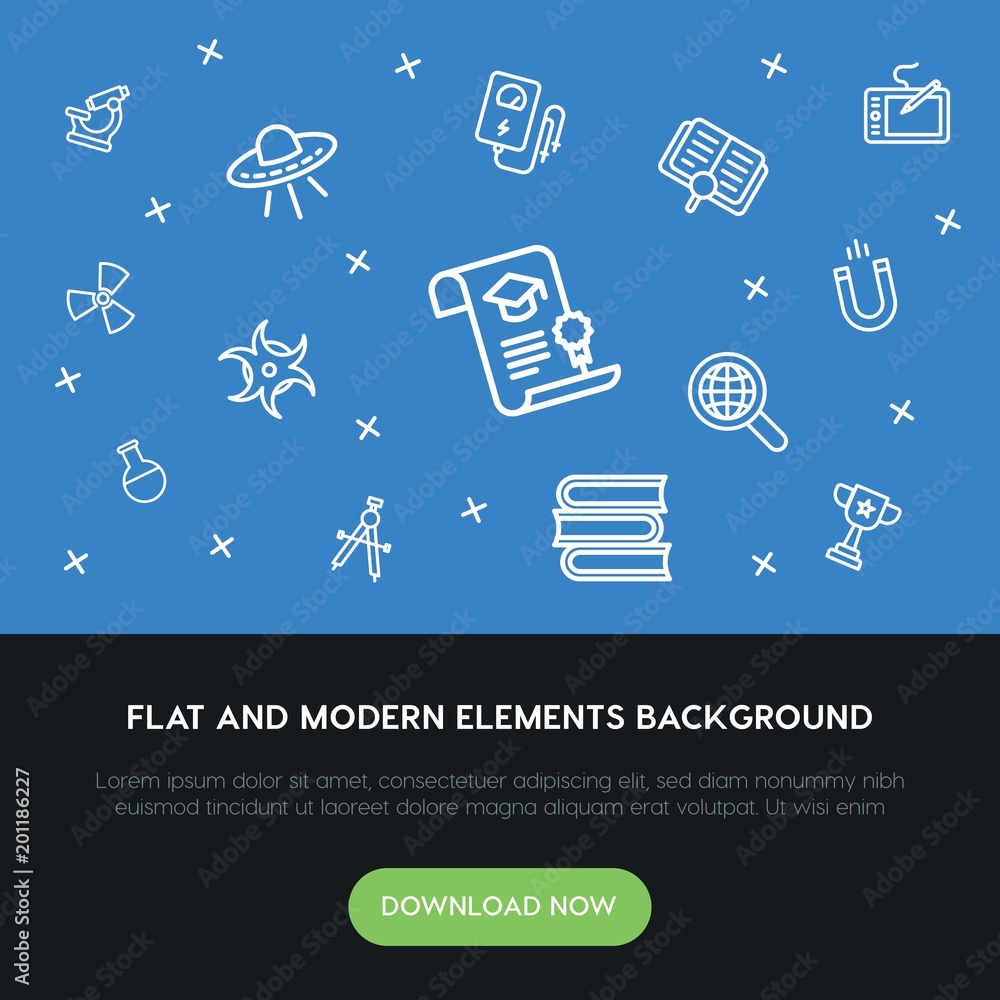 Poster science, education outline vector icons and elements background concept on blue background...multipu