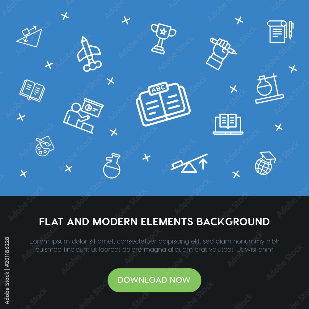 Poster science, education outline vector icons and elements background concept on blue background...multipu
