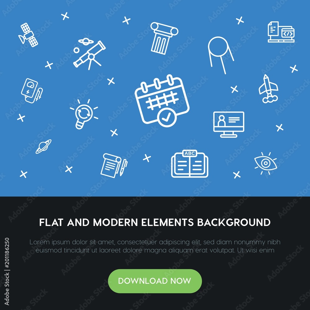 Poster science, education outline vector icons and elements background concept on blue background...multipu