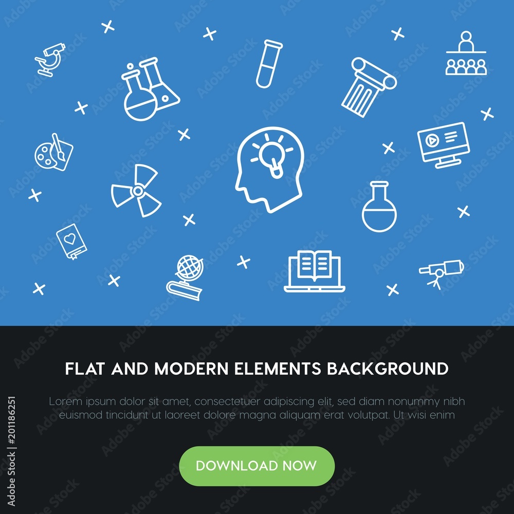 Poster science, education outline vector icons and elements background concept on blue background...multipu