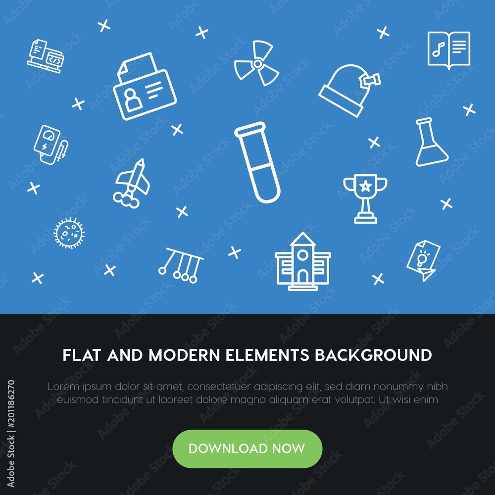 Poster science, education outline vector icons and elements background concept on blue background...multipu