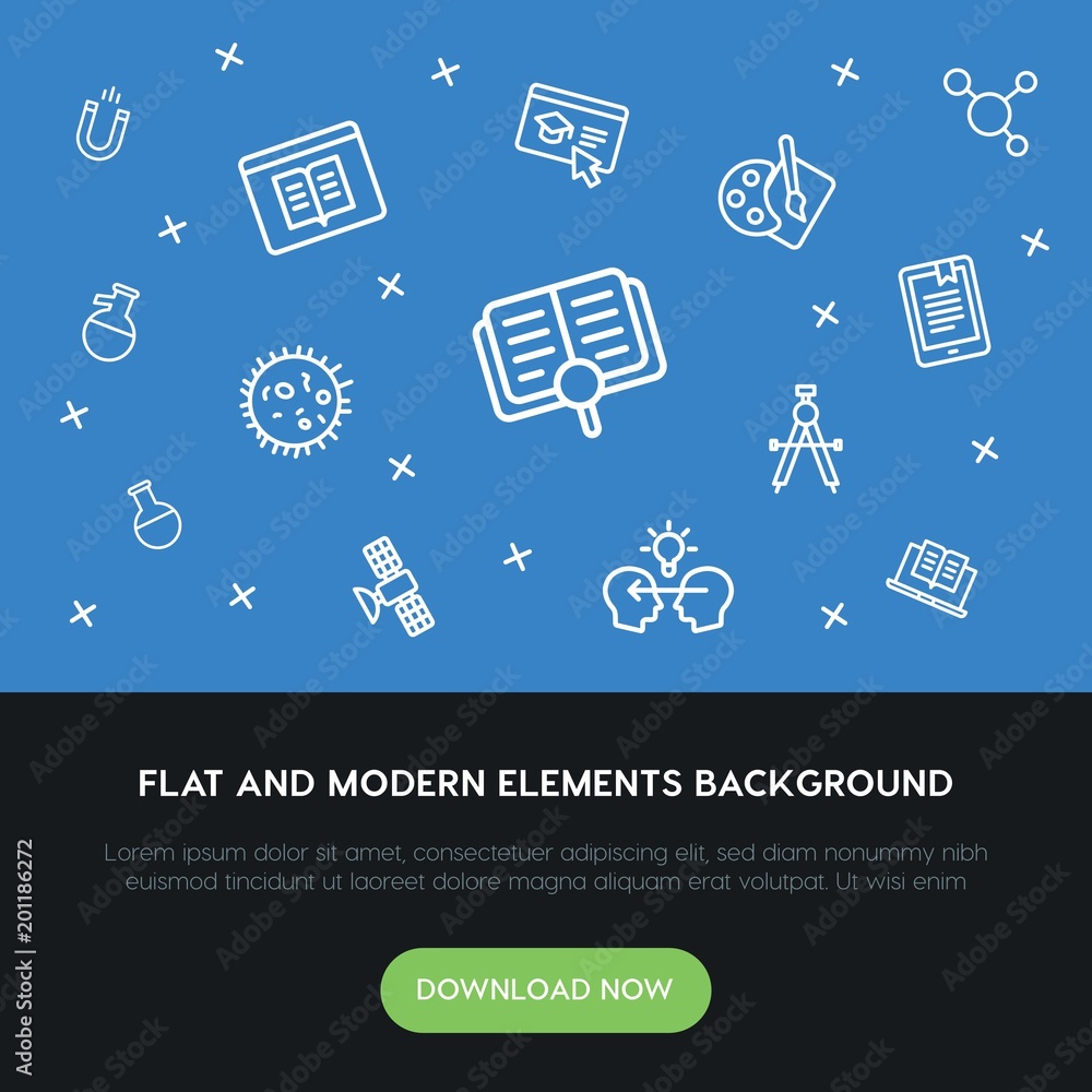 Poster science, education outline vector icons and elements background concept on blue background...multipu