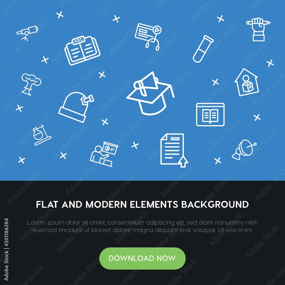 Poster science, education outline vector icons and elements background concept on blue background...multipu