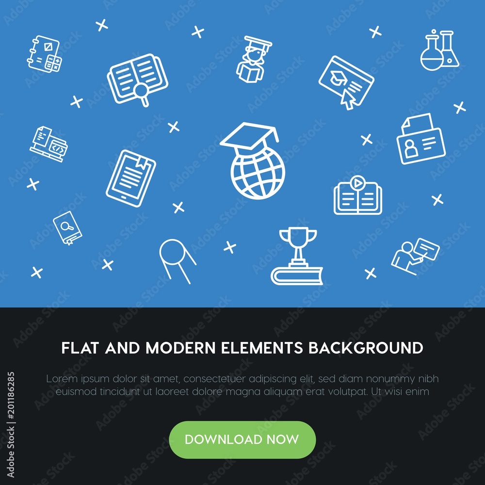 Poster science, education outline vector icons and elements background concept on blue background...multipu