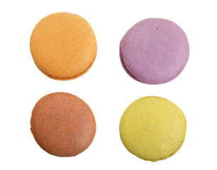 colored macarons isolated on white background without a shadow closeup. Top view. Flat lay
