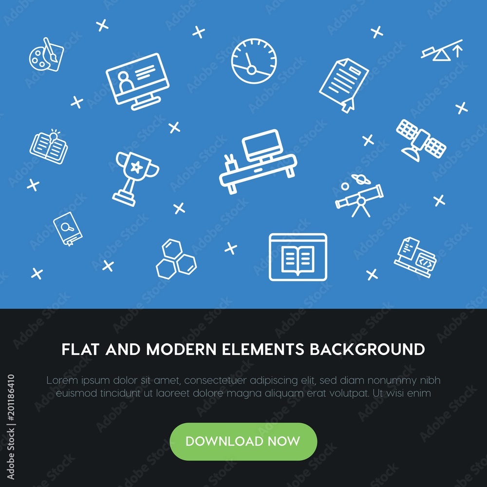 Poster science, education outline vector icons and elements background concept on blue background...multipu