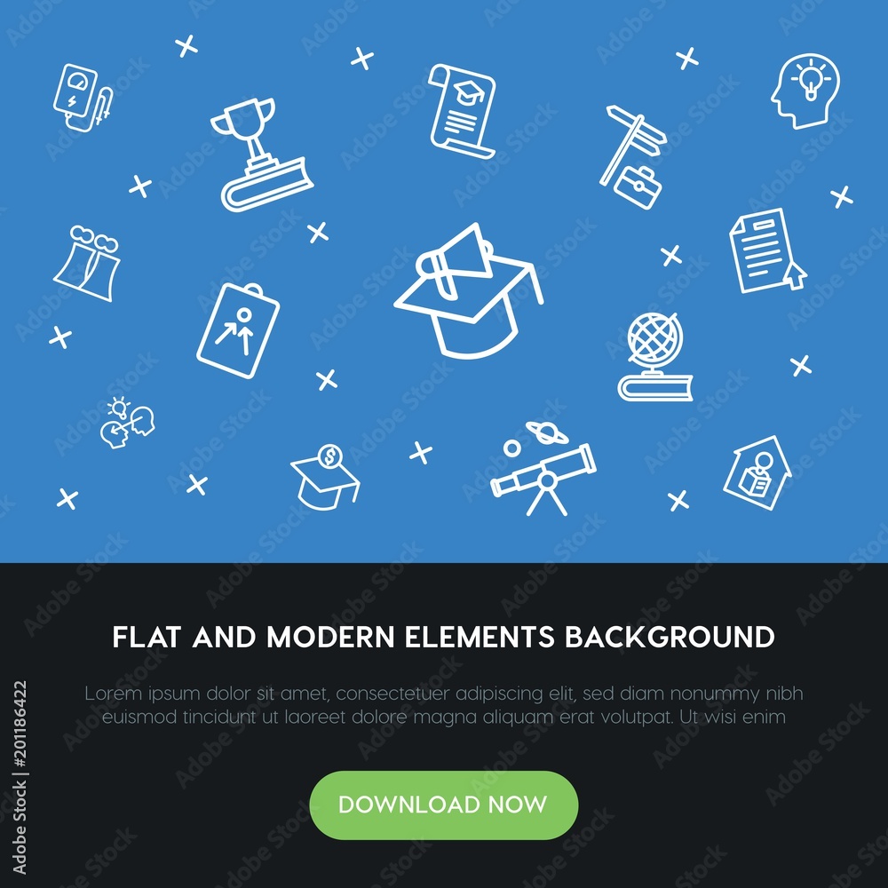 Poster science, education outline vector icons and elements background concept on blue background...multipu