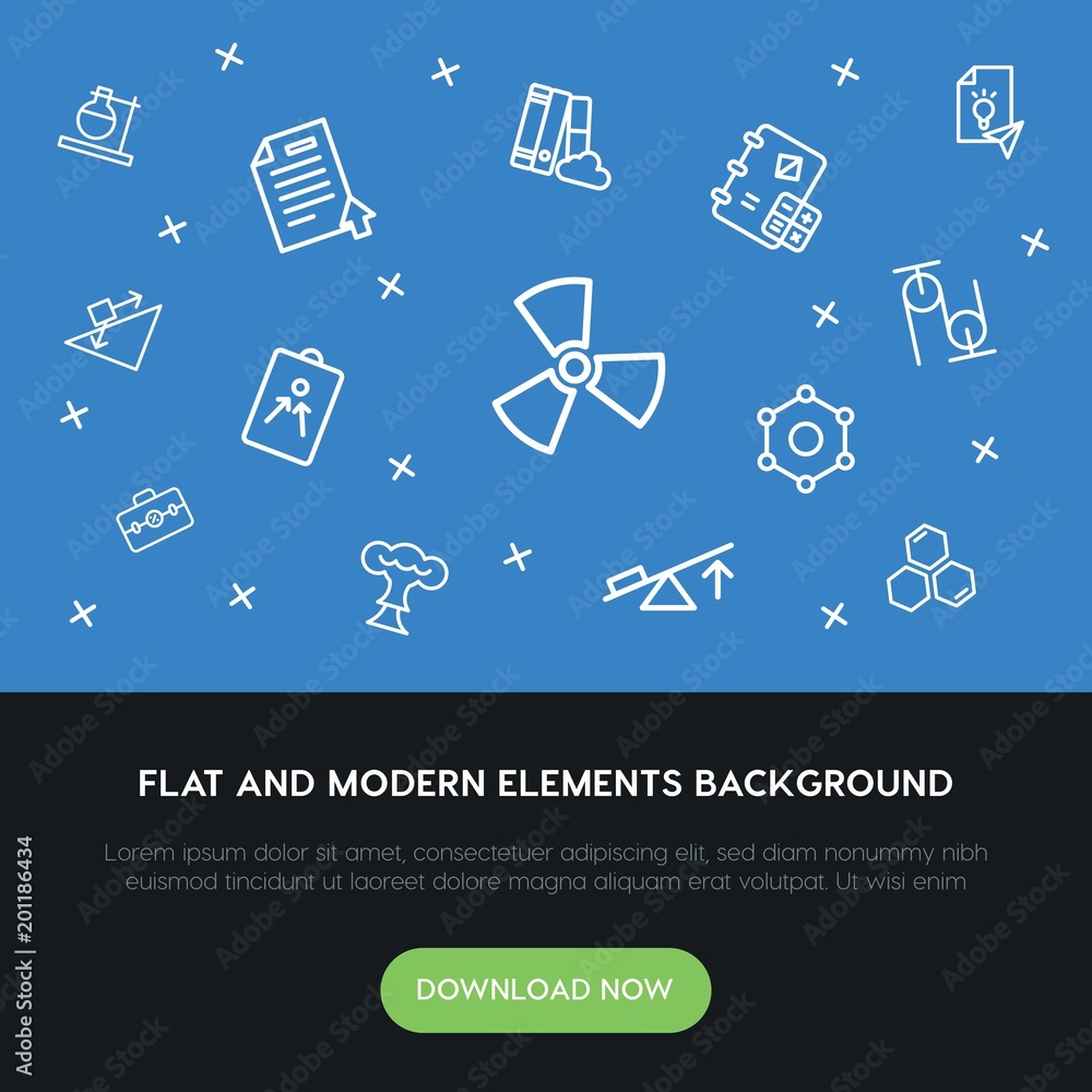 Poster science, education outline vector icons and elements background concept on blue background...multipu