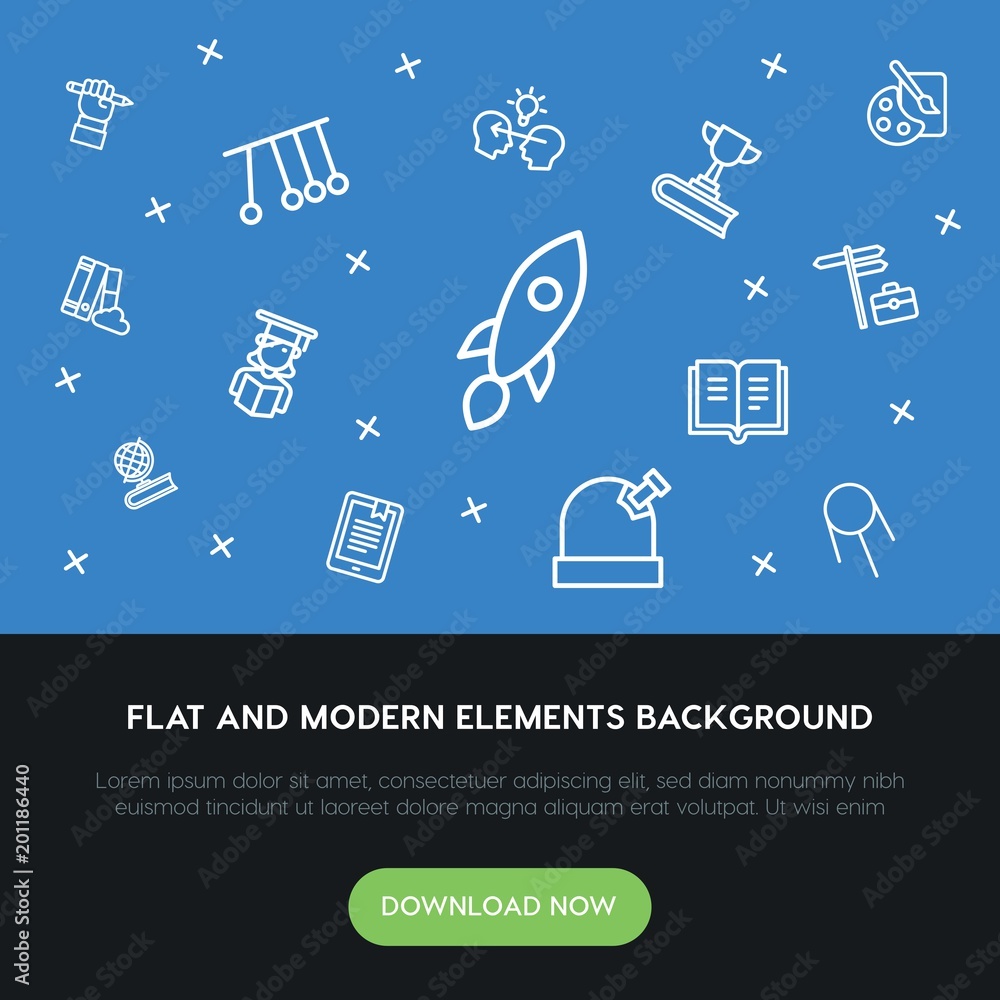 Poster science, education outline vector icons and elements background concept on blue background...multipu