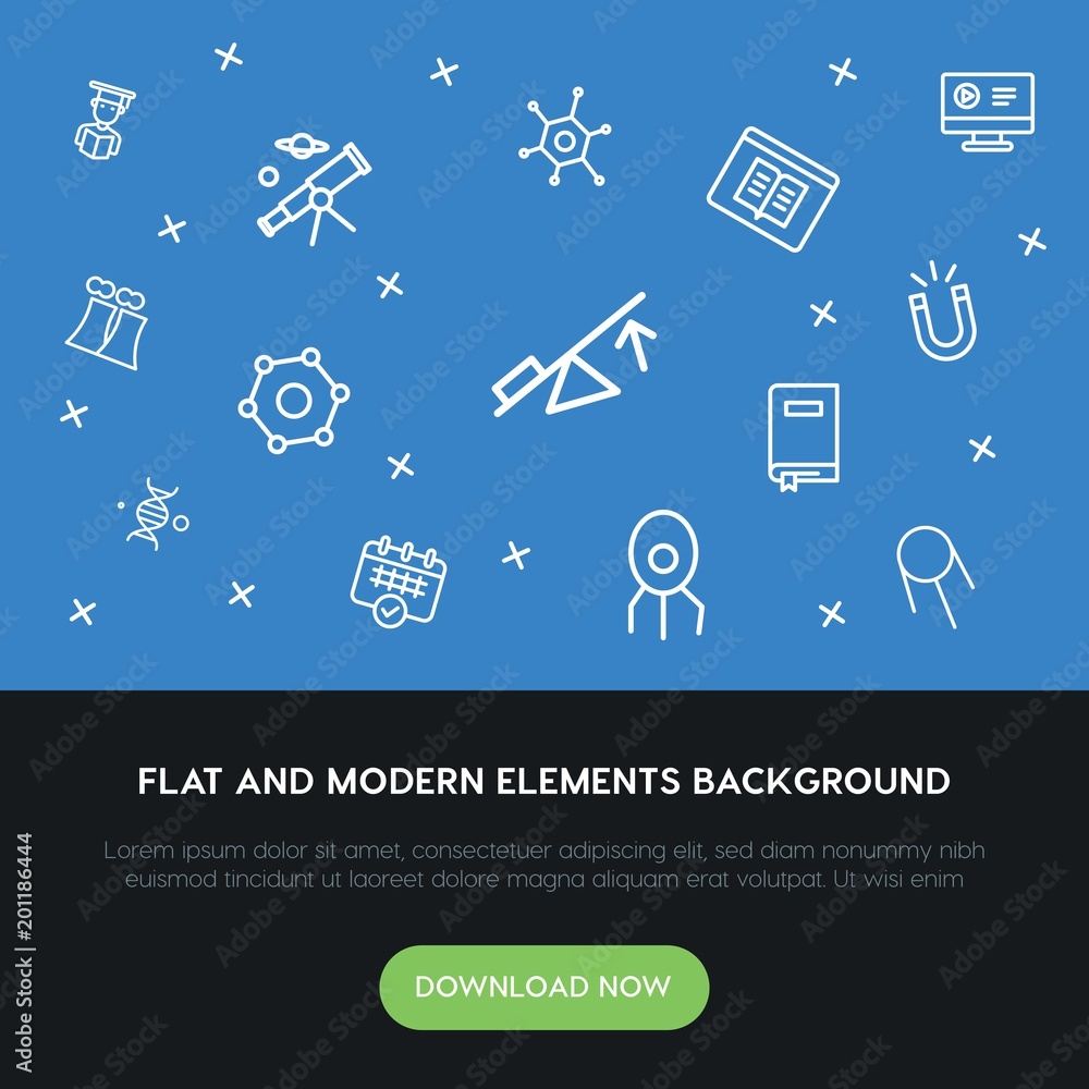 Poster science, education outline vector icons and elements background concept on blue background...multipu