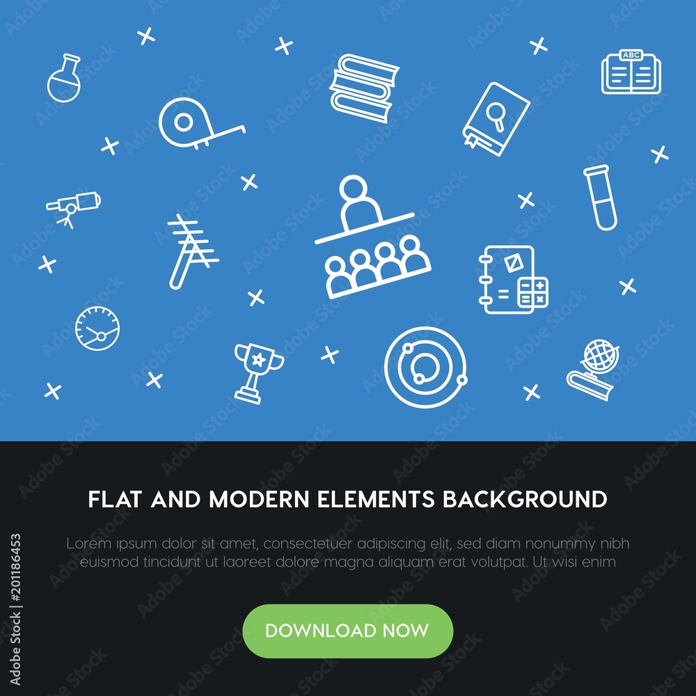 Poster science, education outline vector icons and elements background concept on blue background...multipu