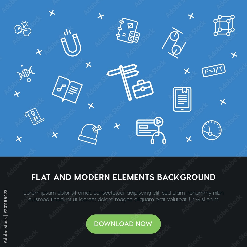 Poster science, education outline vector icons and elements background concept on blue background...Multipurpose use on websites, presentations, brochures and more