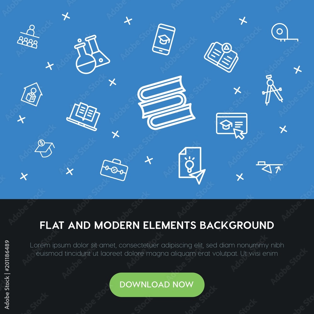 Poster science, education outline vector icons and elements background concept on blue background...multipu