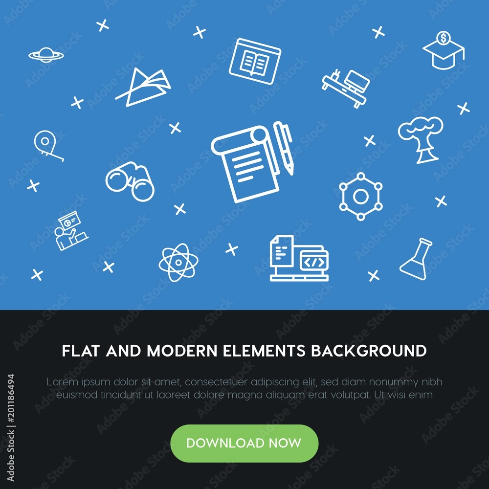 Poster science, education outline vector icons and elements background concept on blue background...multipu