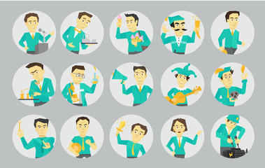 Fototapeta premium Set different character avatars in circles. Speaker politician and many others. Flat color vector illustration.