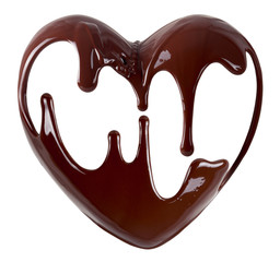 Chocolate in the form of heart. Melted chocolate syrup on white background. Liquid chocolate on a white background.