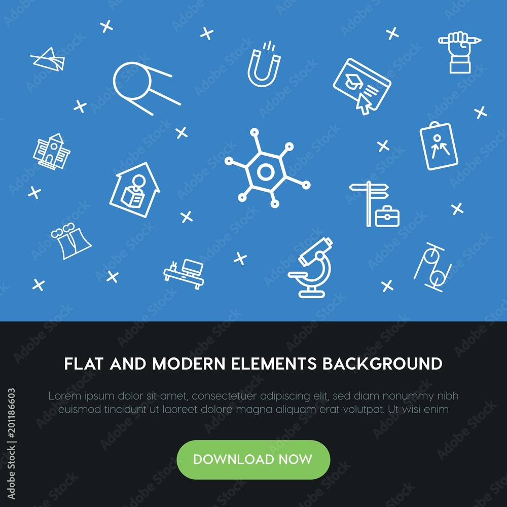 Poster science, education outline vector icons and elements background concept on blue background...multipu
