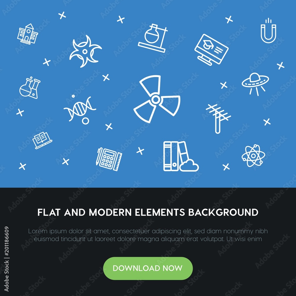 Poster science, education outline vector icons and elements background concept on blue background...multipu