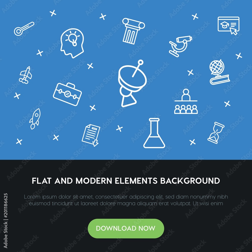 Poster science, education outline vector icons and elements background concept on blue background...multipu
