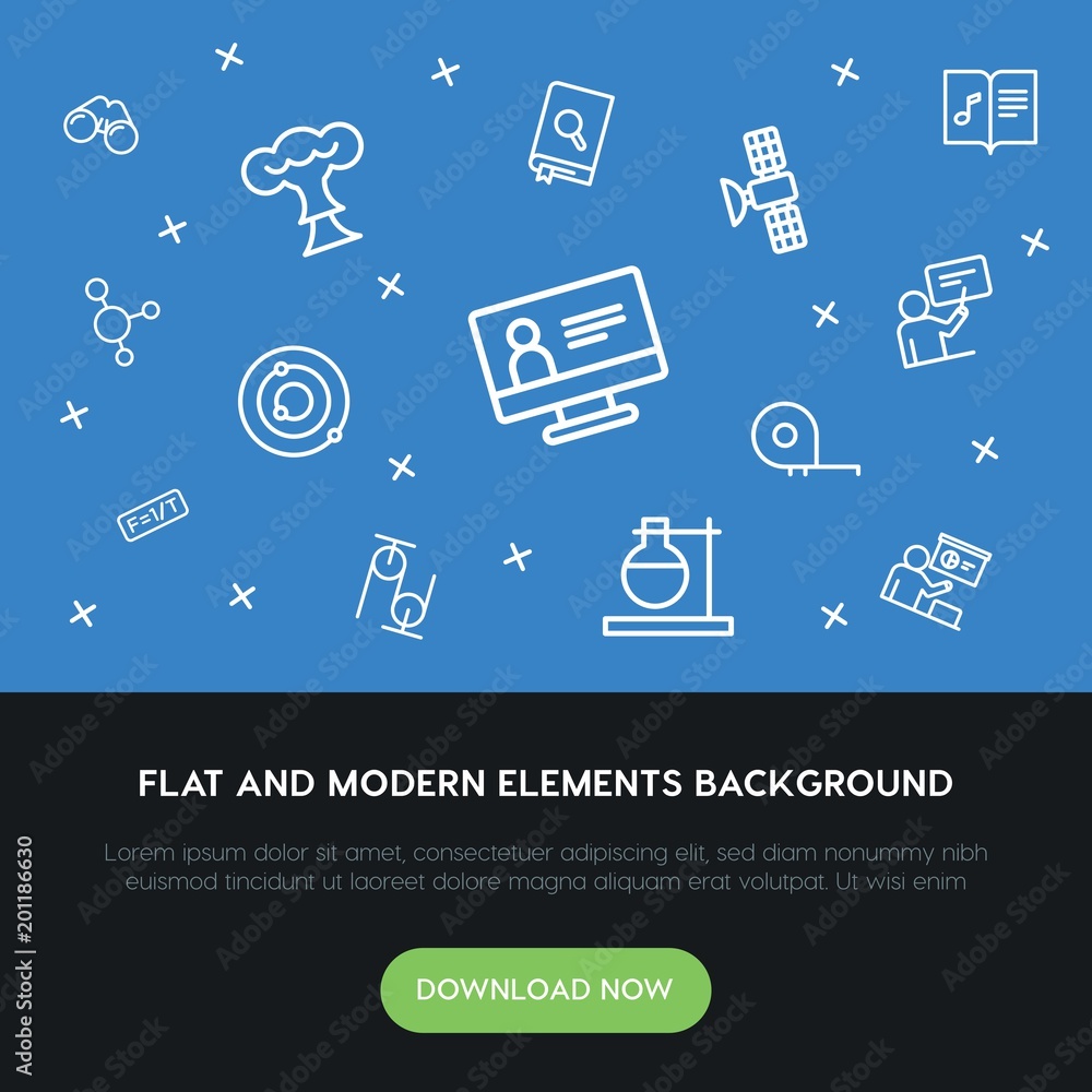 Poster science, education outline vector icons and elements background concept on blue background...multipu