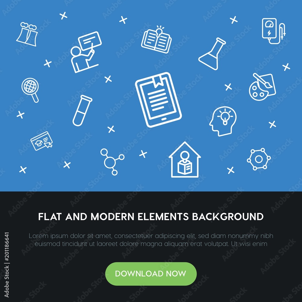Poster science, education outline vector icons and elements background concept on blue background...multipu
