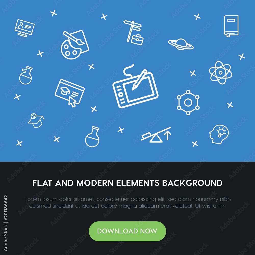 Poster science, education outline vector icons and elements background concept on blue background...multipu