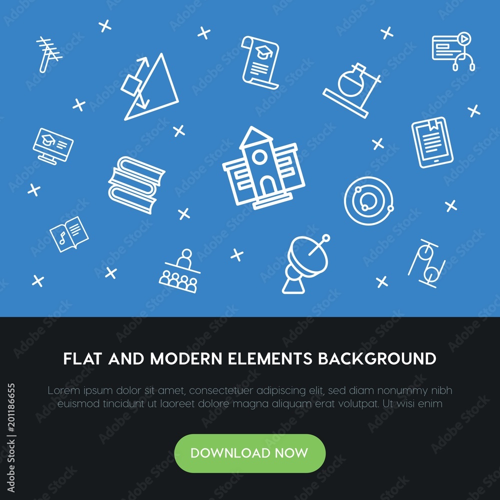 Poster science, education outline vector icons and elements background concept on blue background...multipu