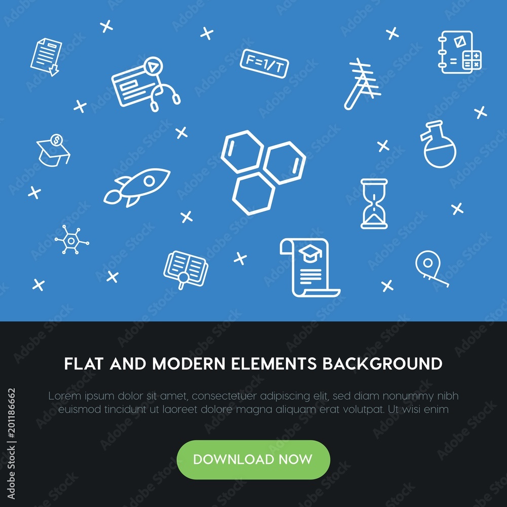 Poster science, education outline vector icons and elements background concept on blue background...multipu