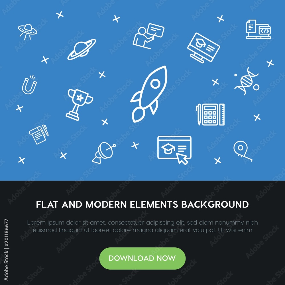Poster science, education outline vector icons and elements background concept on blue background...multipu