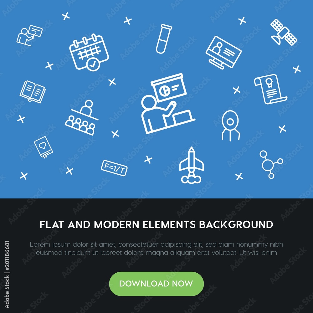 Poster science, education outline vector icons and elements background concept on blue background...multipu