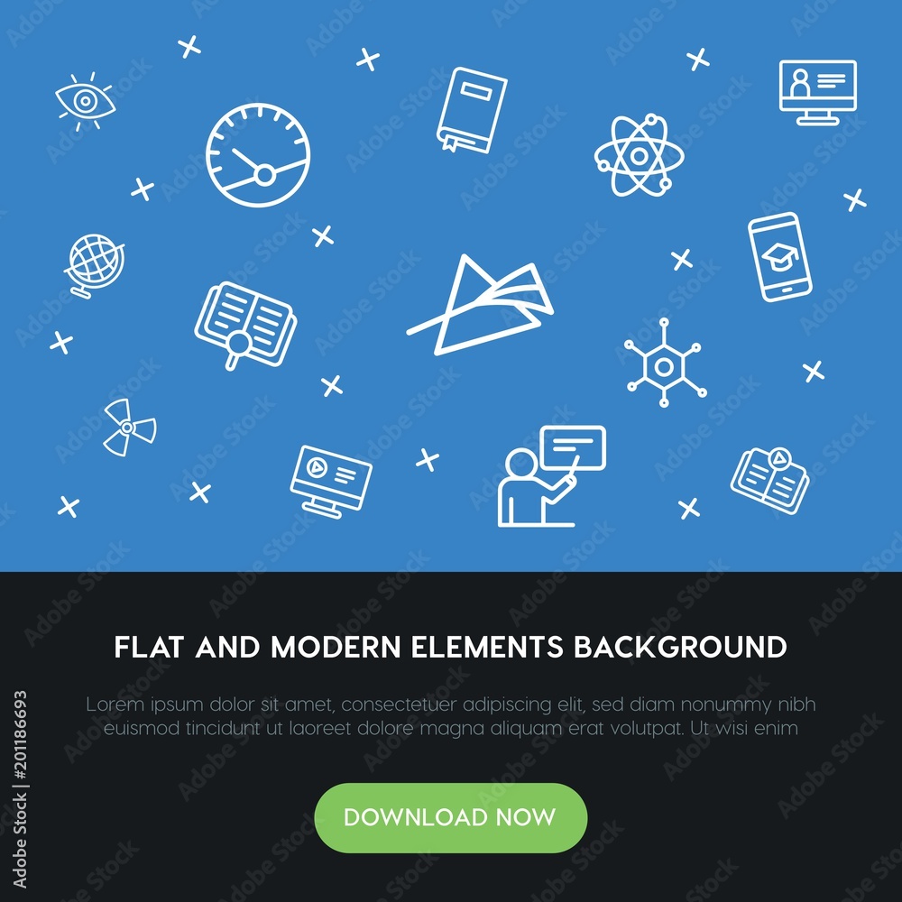 Poster science, education outline vector icons and elements background concept on blue background...multipu