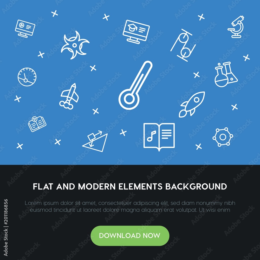 Poster science, education outline vector icons and elements background concept on blue background...multipu