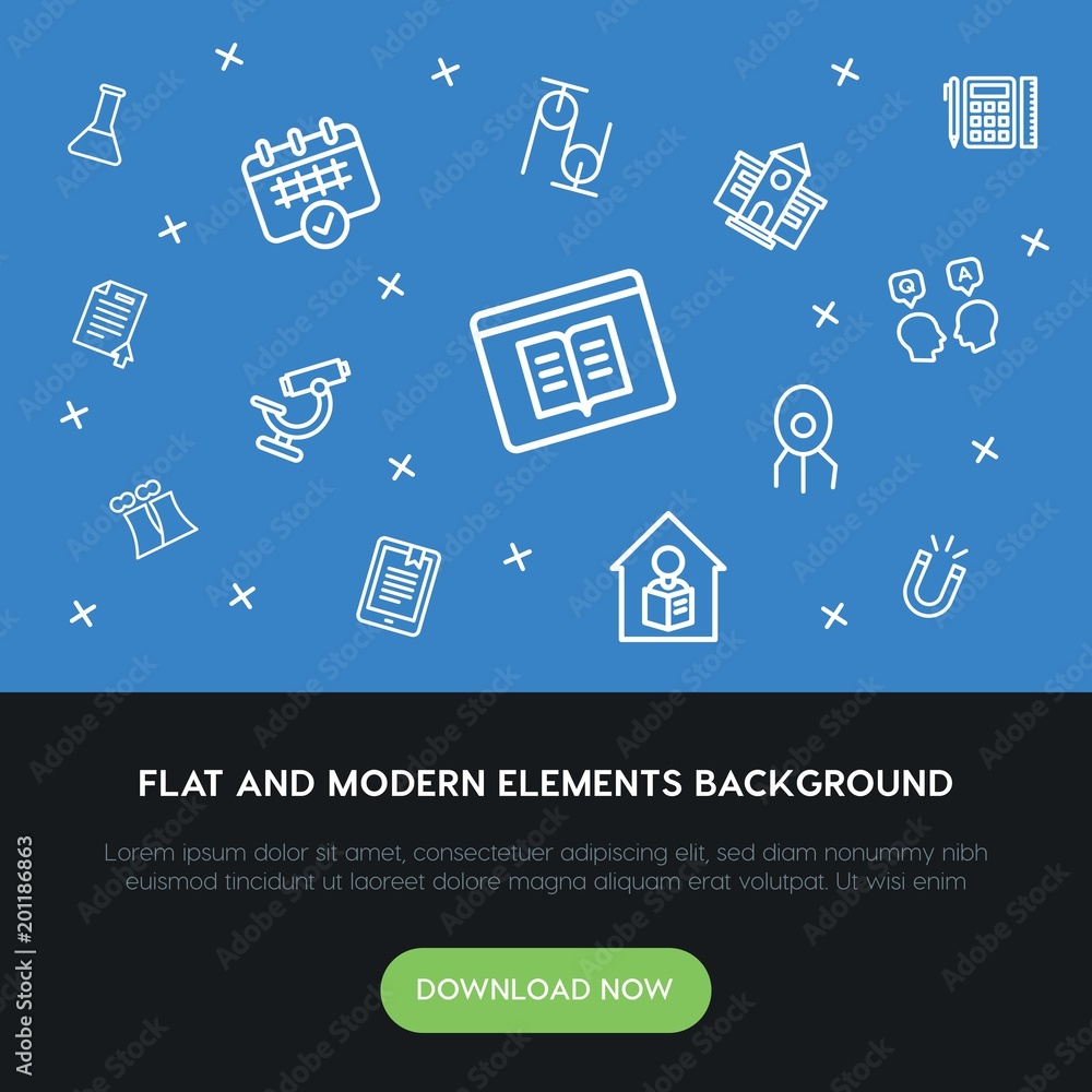 Poster science, education outline vector icons and elements background concept on blue background...multipu