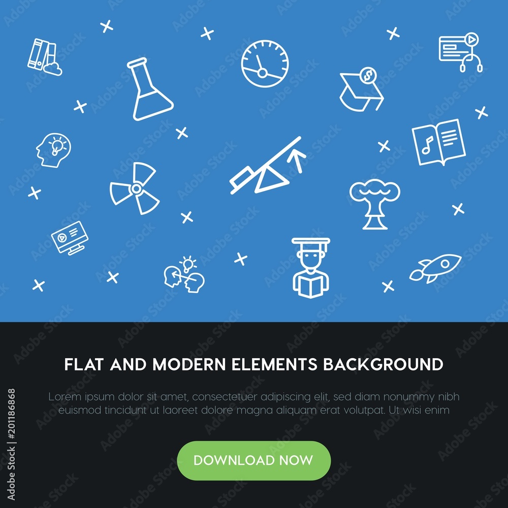 Poster science, education outline vector icons and elements background concept on blue background...multipu